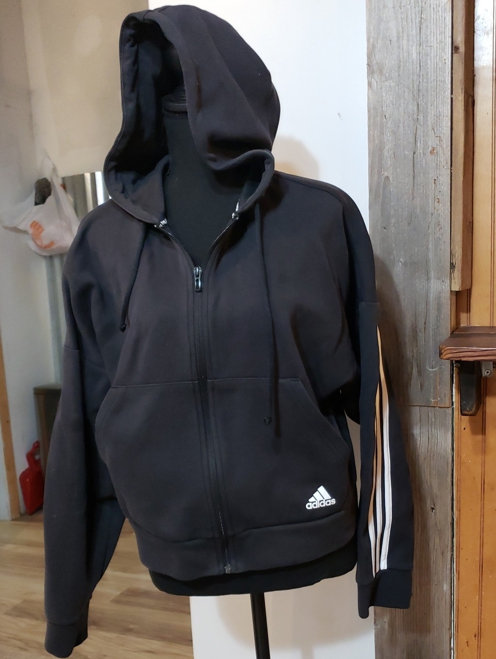 Adidas Women Med Black Iconic 3 White Stripe Across Arms And Back Full Zip